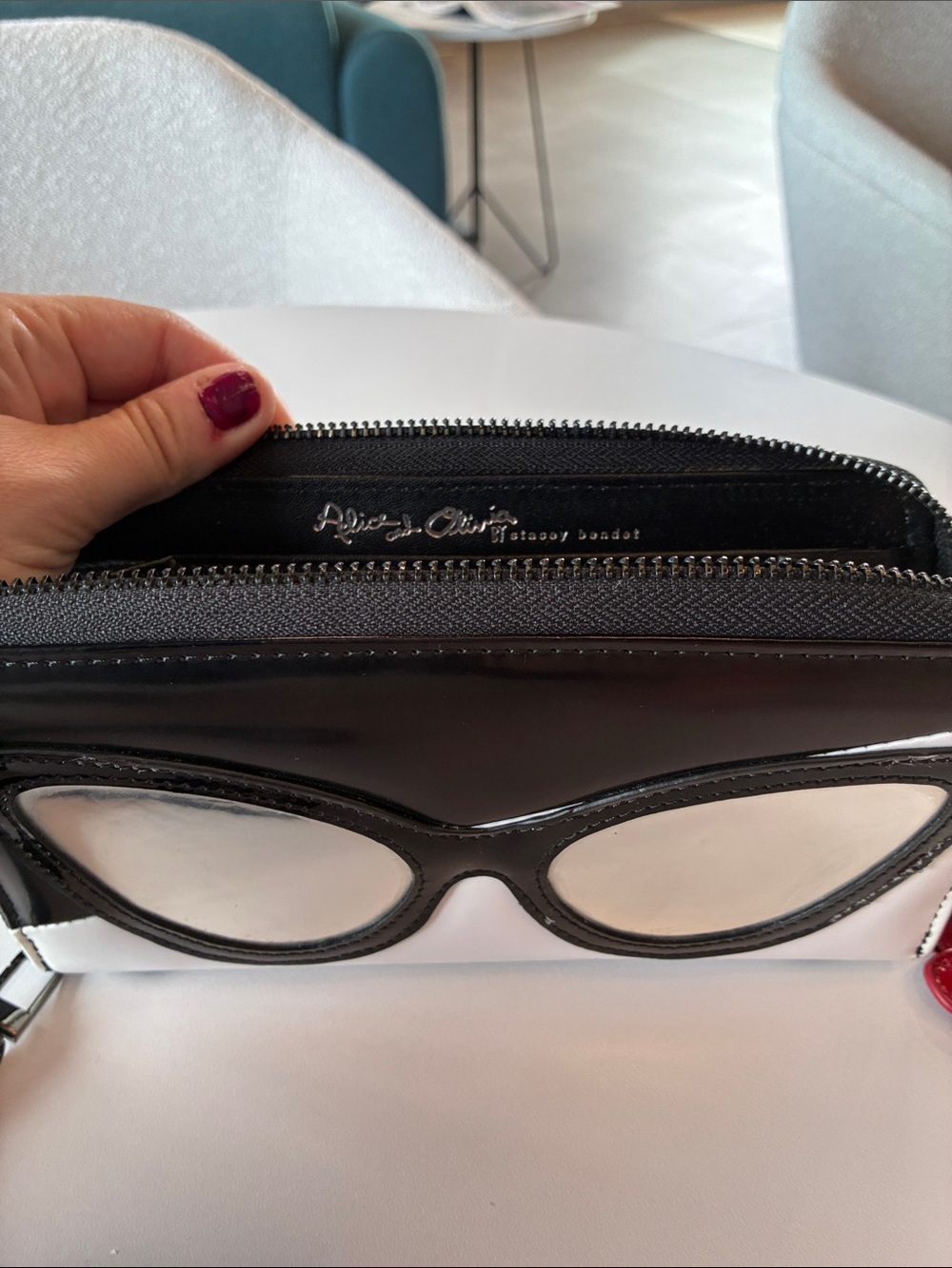 Alice + Olivia Black and White Sunglasses Applique Zip Wallet